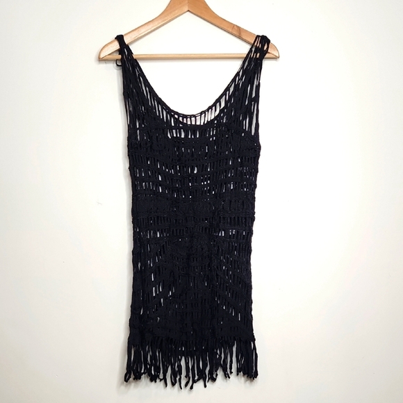 Black Crochet Fringe mini Dress Beach Cover Up Women's - Picture 1 of 5
